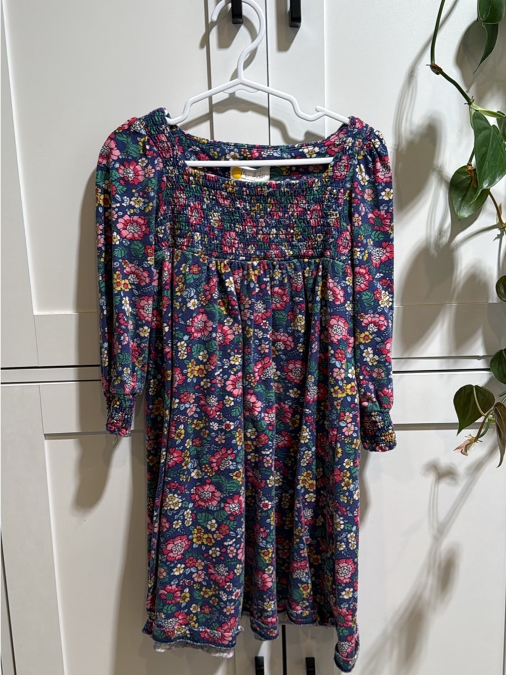 Mini Boden Navy Floral Smocked Dress with Pink & Yellow Accents